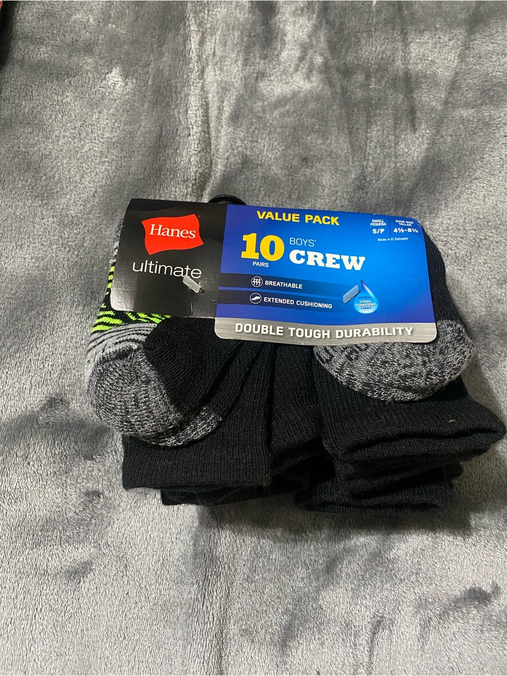 Hanes Ultimate Boys' Crew Socks Pack - Black, Gray, Neon Green Accent